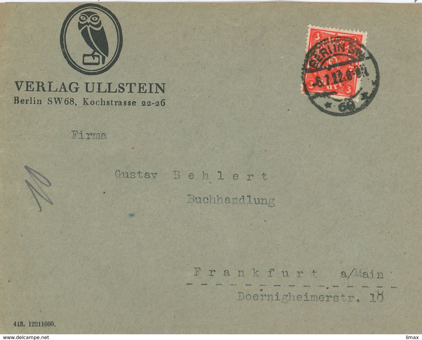 Infla Lochung Perfin 1922 - Verlag Ullstein Berlin SW 68 Koch-Strasse - 3 Mark "U." - Briefe U. Dokumente