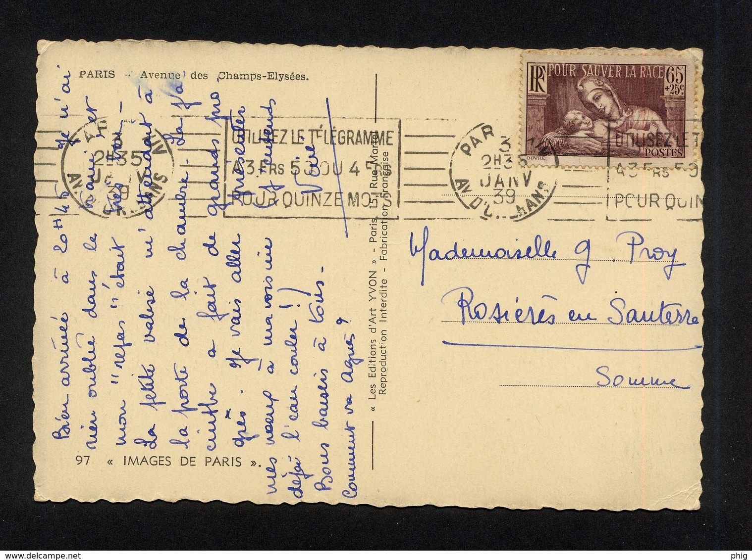 " PARIS -  AVENUE DES CHAMPS-ELYSEES " CACHET POSTAL PARIS 3/01/1939 - TIMBRE N° 356 DE 1937 YVERT ET TELLIER - BON ETAT - Champs-Elysées