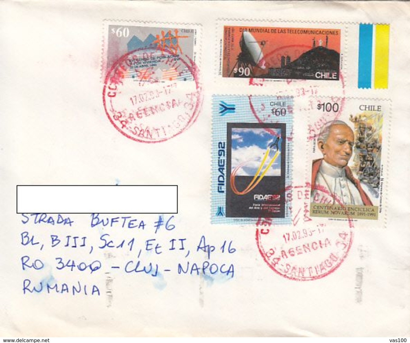 TELECOM, PLANE, POPE, POPULATION, STAMPS ON COVER, 1993, CHILE - Chile