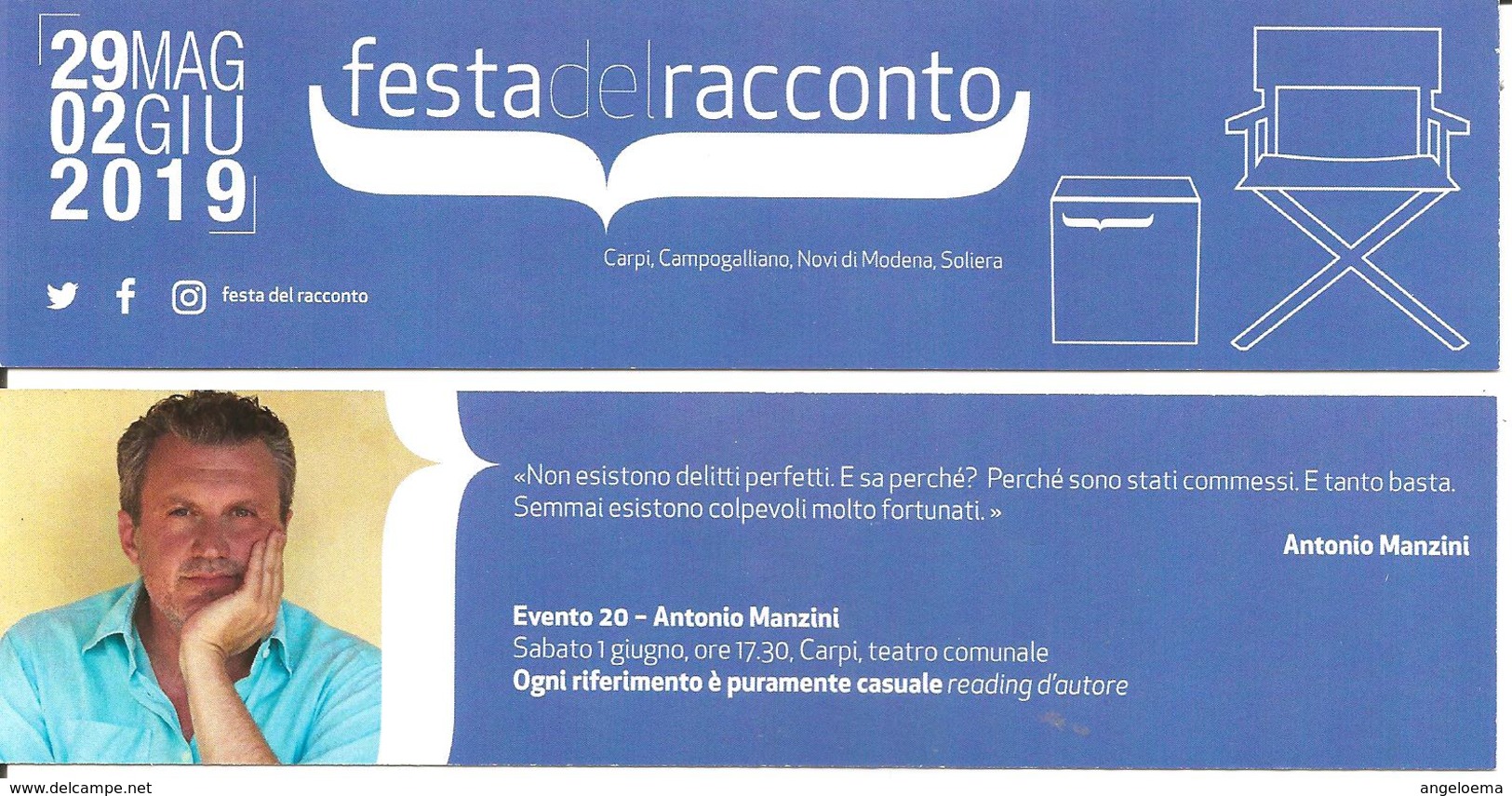 Segnalibro Bookmark CARPI FESTA DEL RACCONTO 2019 - ANTONIO MANZINI Rocco Schiavone Ogni Riferimento è Puramente Casuale - Marcapáginas