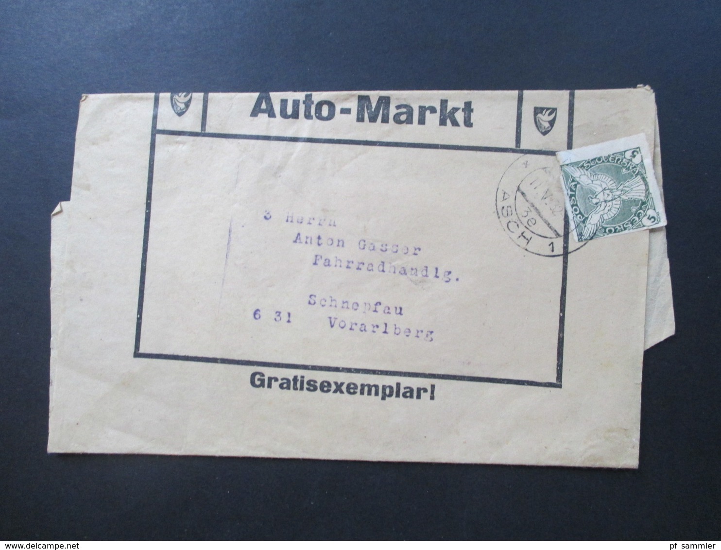 CSSR 1932 Streifbänder Auto Markt Gratisexemplar Stempel As 1 Asch (Sudetenland) Nach Schnepfau Fahrradhandlung - Cartas & Documentos