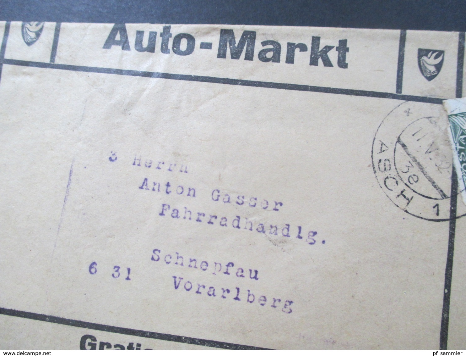 CSSR 1932 Streifbänder Auto Markt Gratisexemplar Stempel As 1 Asch (Sudetenland) Nach Schnepfau Fahrradhandlung - Covers & Documents