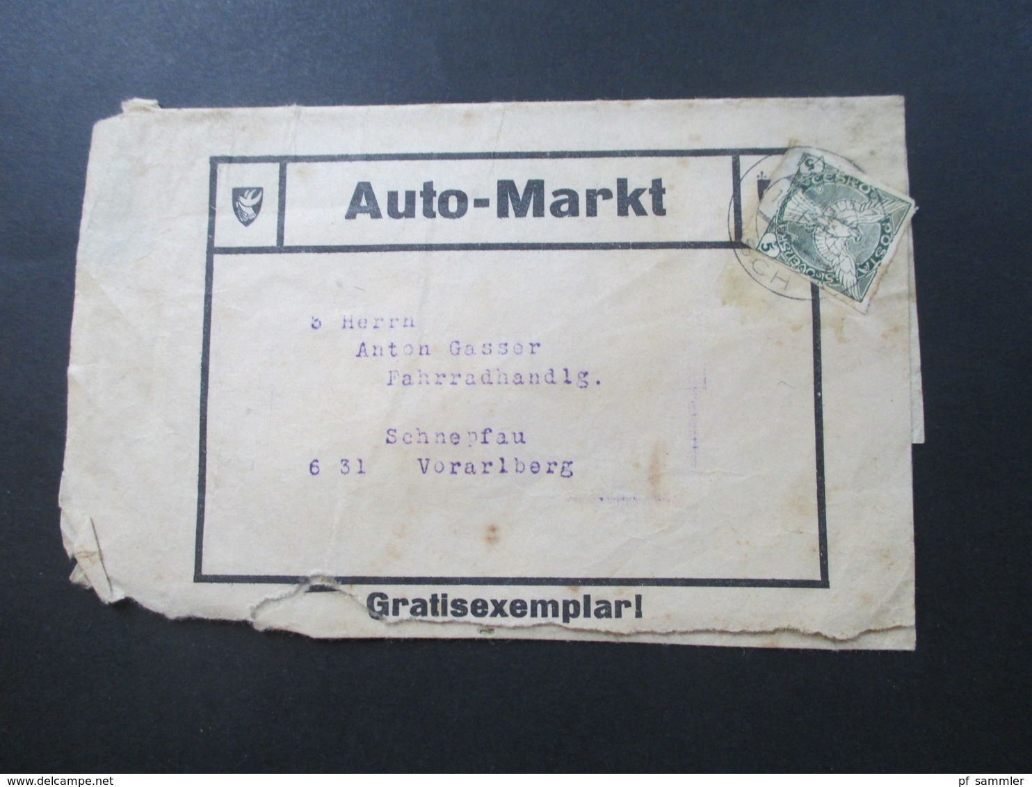 CSSR 1932 Streifbänder Auto Markt Gratisexemplar Stempel As 1 Asch (Sudetenland) nach Schnepfau Fahrradhandlung