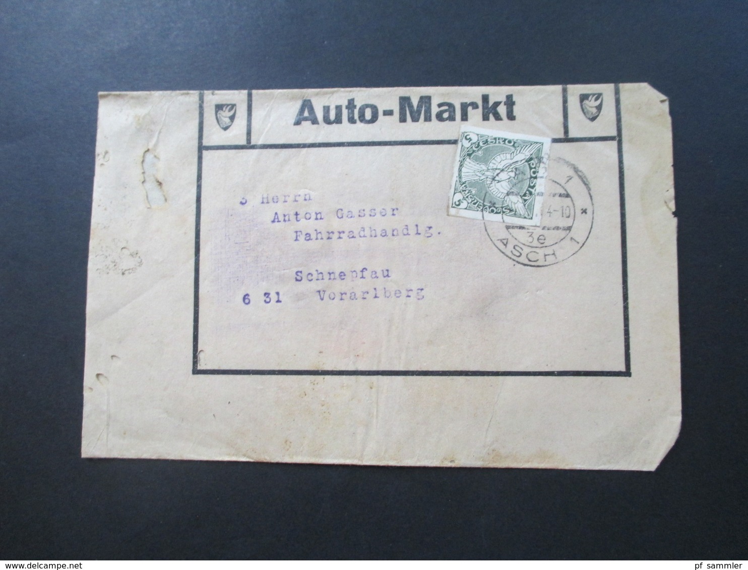 CSSR 1932 Streifbänder Auto Markt Gratisexemplar Stempel As 1 Asch (Sudetenland) nach Schnepfau Fahrradhandlung