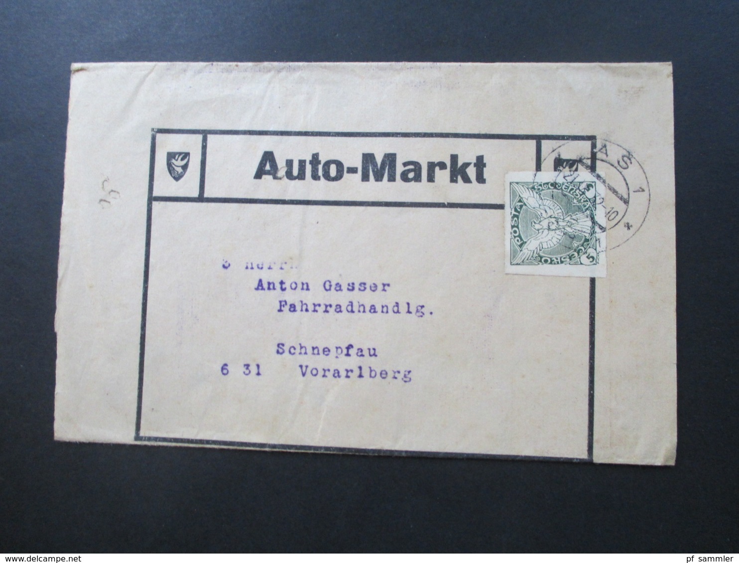 CSSR 1932 Streifbänder Auto Markt Gratisexemplar Stempel As 1 Asch (Sudetenland) nach Schnepfau Fahrradhandlung