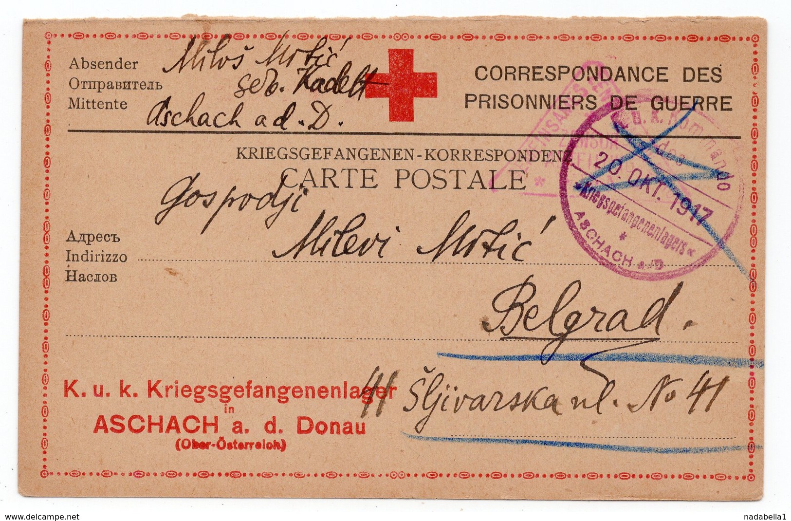 1917, WWI, AUSTRIA, ASCHACH A.D. DONAU, POW LETTER, CENSORED CARD TO BELGRADE, SERBIA, RED CROSS - Covers & Documents