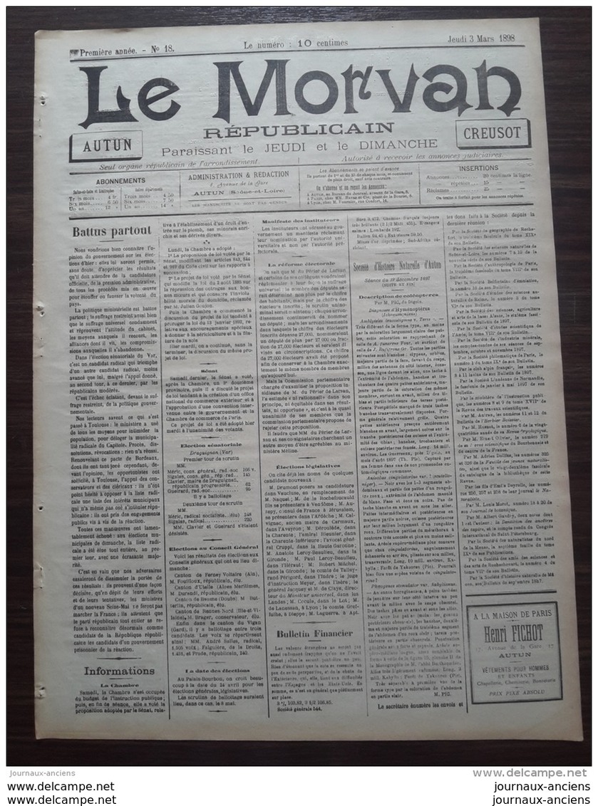 1898 Journal LE MORVAN REPUBLICAIN - PREMIERE ANNÉE N° 18 - LISTE DES DÉLÉGUÉS SÉNATORIAUX - Historische Documenten