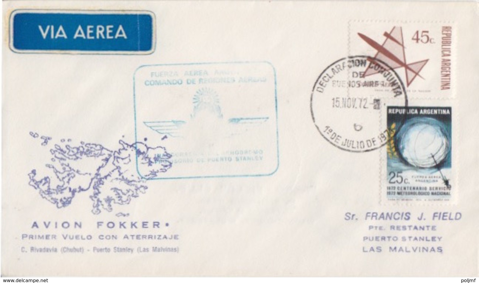 Polaire Argentin, 1° Vol Aller-retour Par Fokker Buenos-Aires (15 NOV 72) Port Stanley (15 NO 72) - Storia Postale