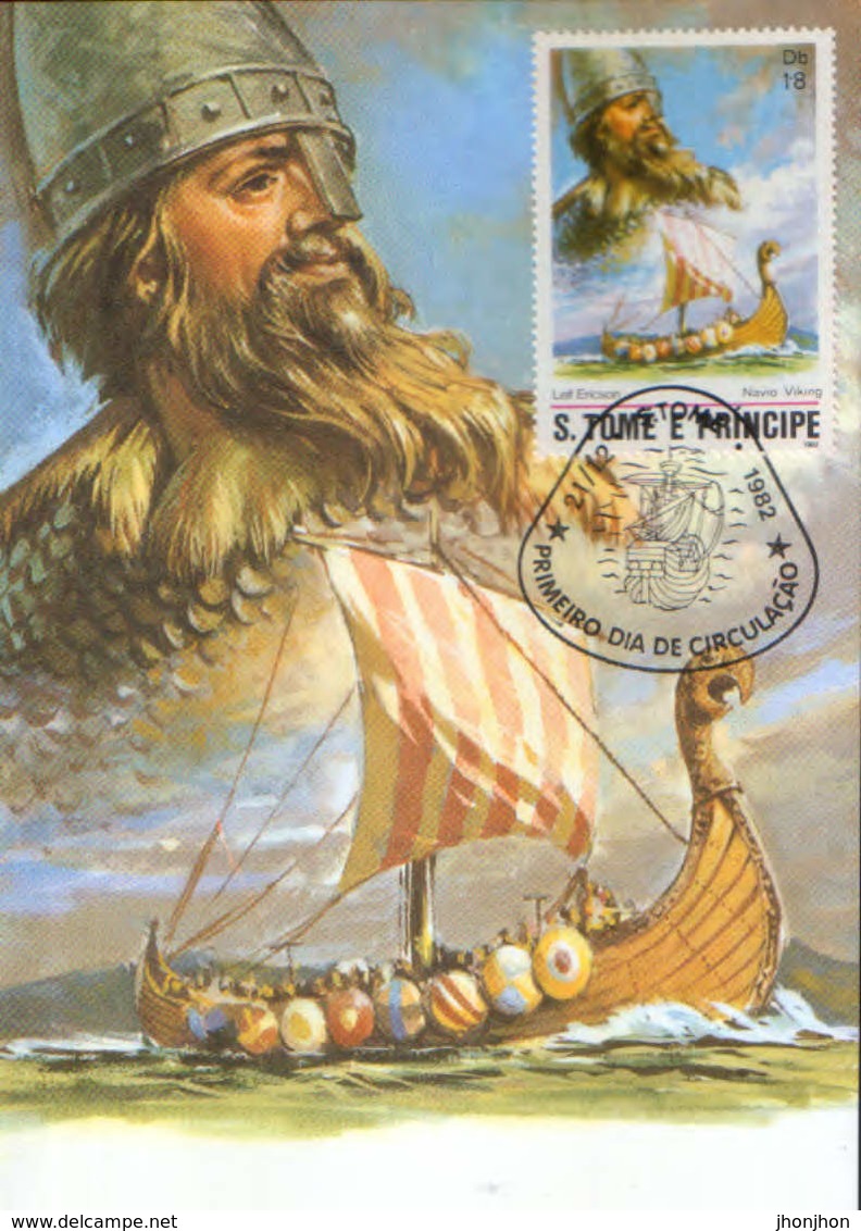 S.Tome&Principe - Maxicard 1982 - Leif Ericson,scandinavian Explorer The First European To Reach The Shores Of N.America - Onderzoekers