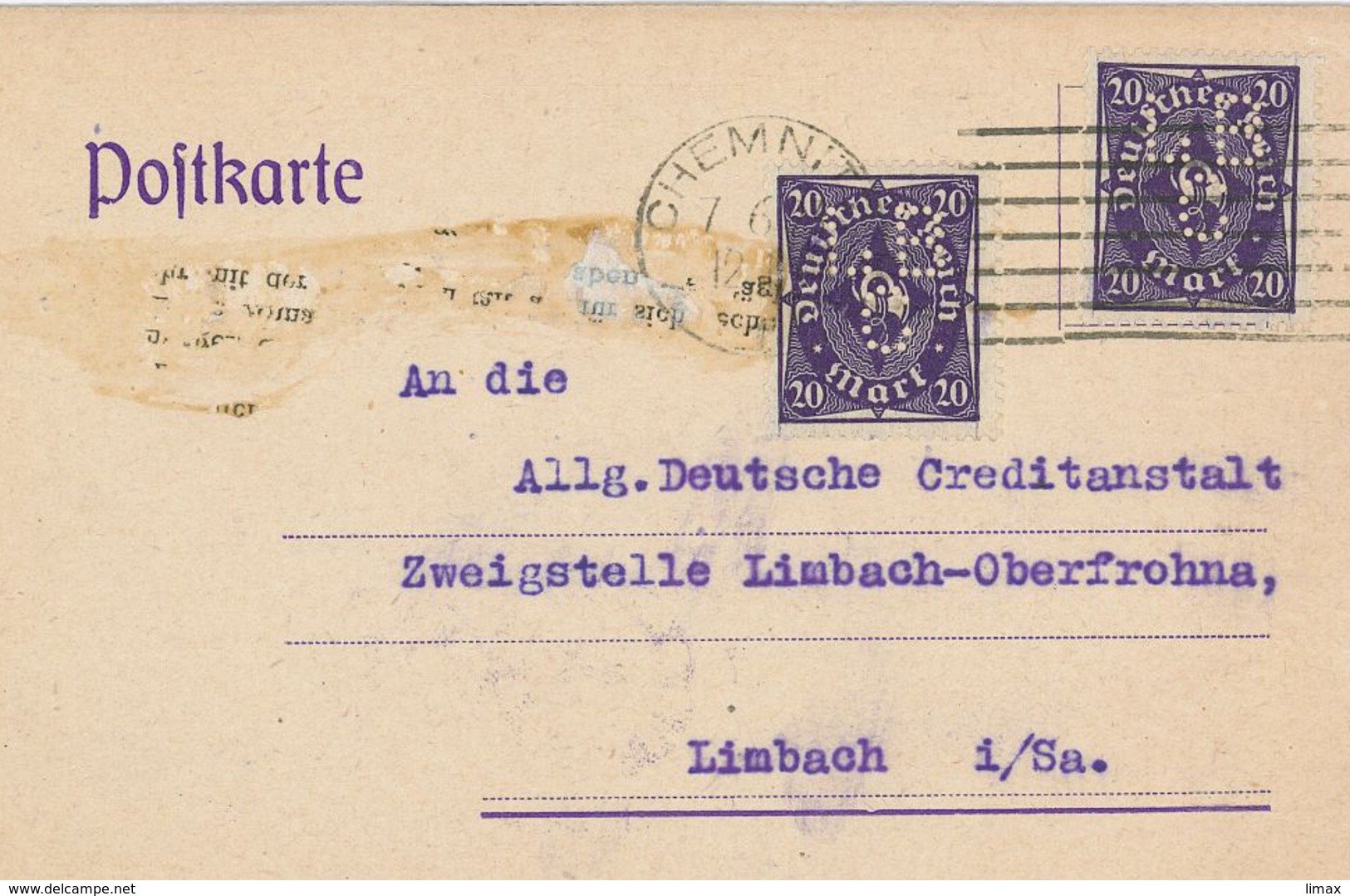 Infla Lochung Perfin 1923 - Ludwig Blucke Chemnitz Garngroßhandlung, Feinzwirnerei Und Nähfadenfabrik 40 Mark - Briefe U. Dokumente
