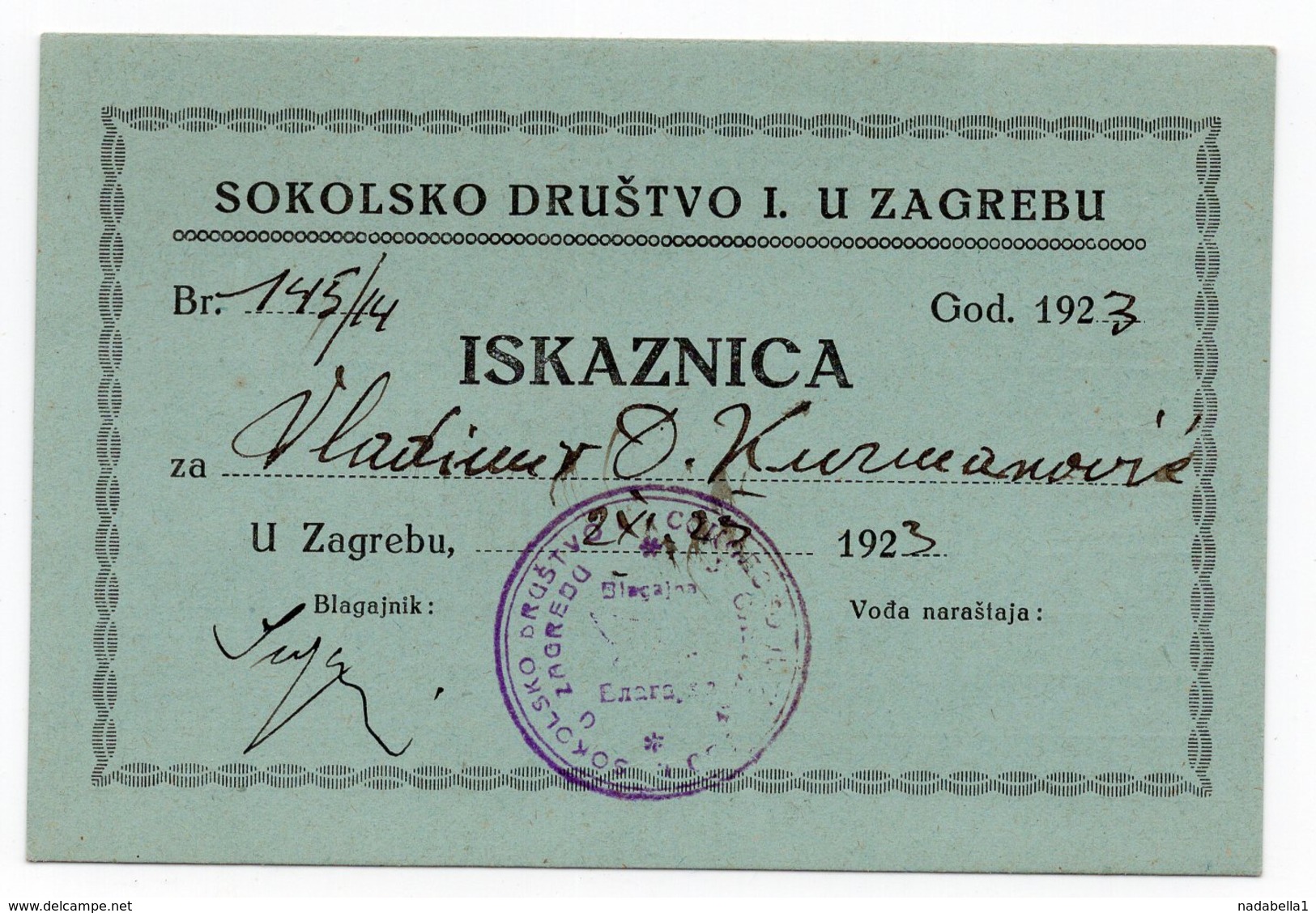 1923 YUGOSLAVIA, CROATIA, ZAGREB, SOKOL, MEMBERSHIP CARD - Historical Documents