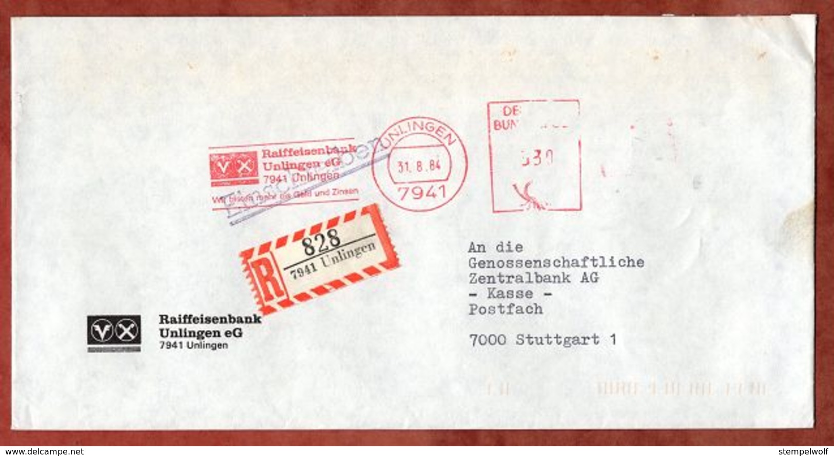 Einschreiben Reco, Absenderfreistempel, Raiffeisenbank Unlingen, 330 Pfg, 1984 (78364) - Maschinenstempel (EMA)