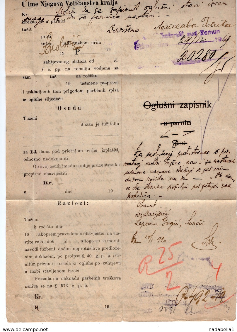 29.12.1919 KINGDOM OF SHS, YUGOSLAVIA, SLOVENIA, VERIGARI, 1 KRUNA STAMP WITH ERROR, COURT HEARING MINUTES - Covers & Documents