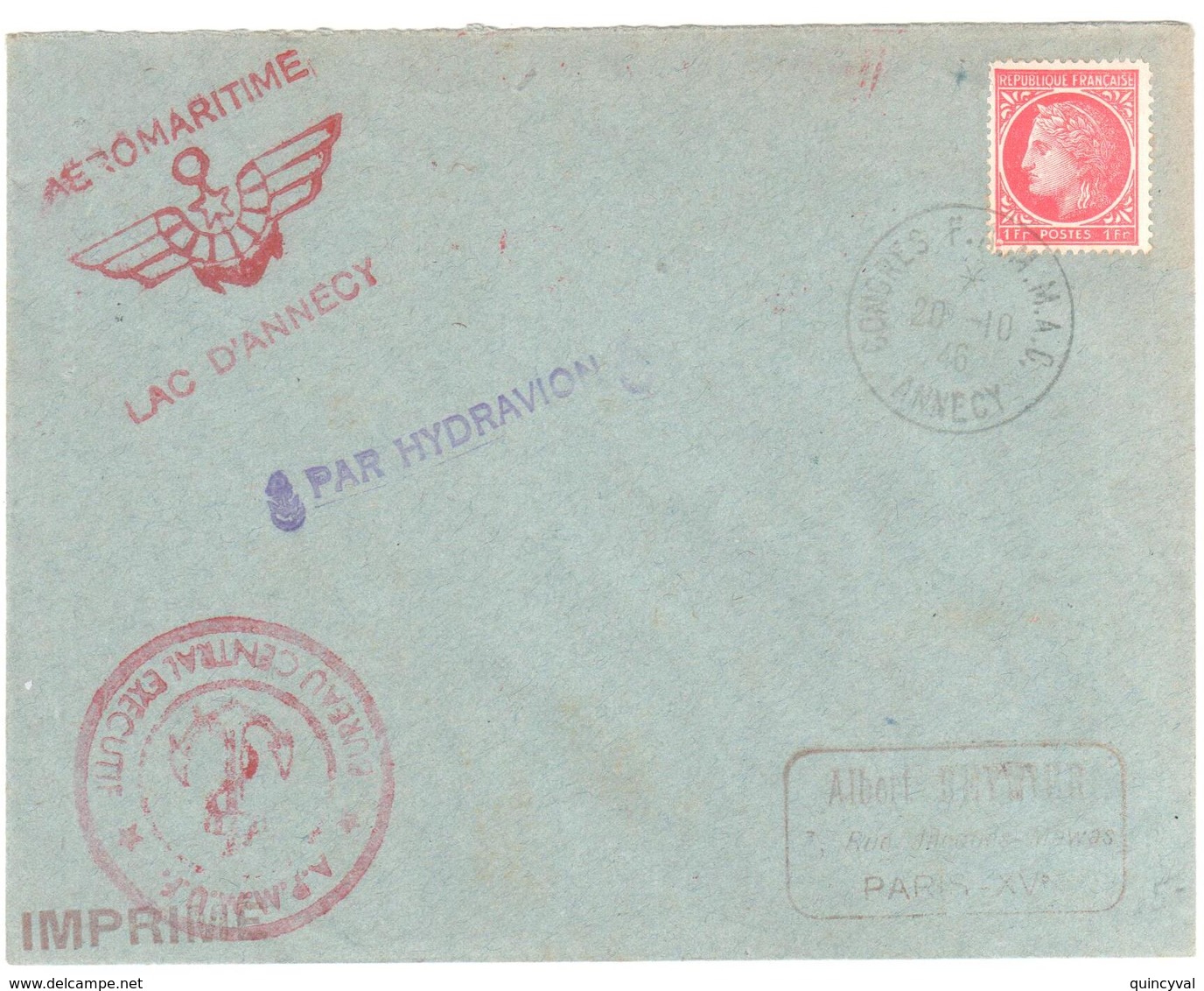 ANNECY Congrès F A M M A C 20 10 1946 Imprimé 1F Mazelin Yv 676 Marques AERO MARITIME Lac D'Annecy  PAR HYDRAVION - 1927-1959 Covers & Documents