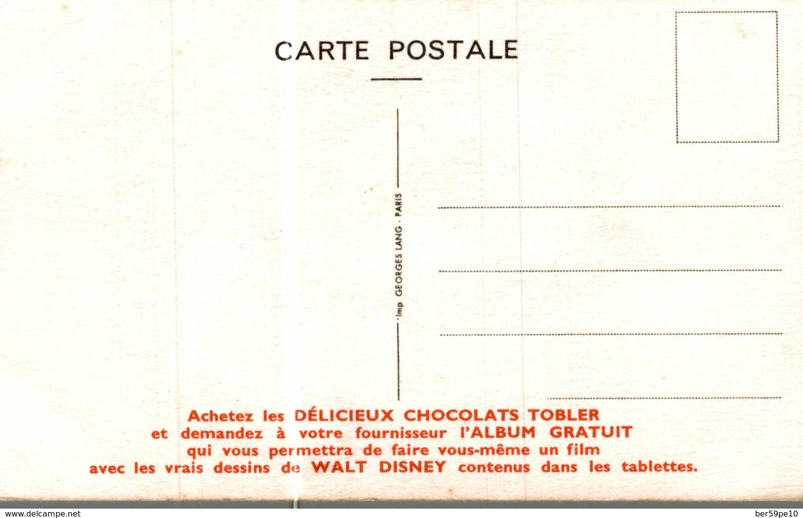 CARTE POSTALE PUBLICITAIRE CHOCOLATS TOBLER  WALT-DISNEY  LUCIFER - Autres & Non Classés