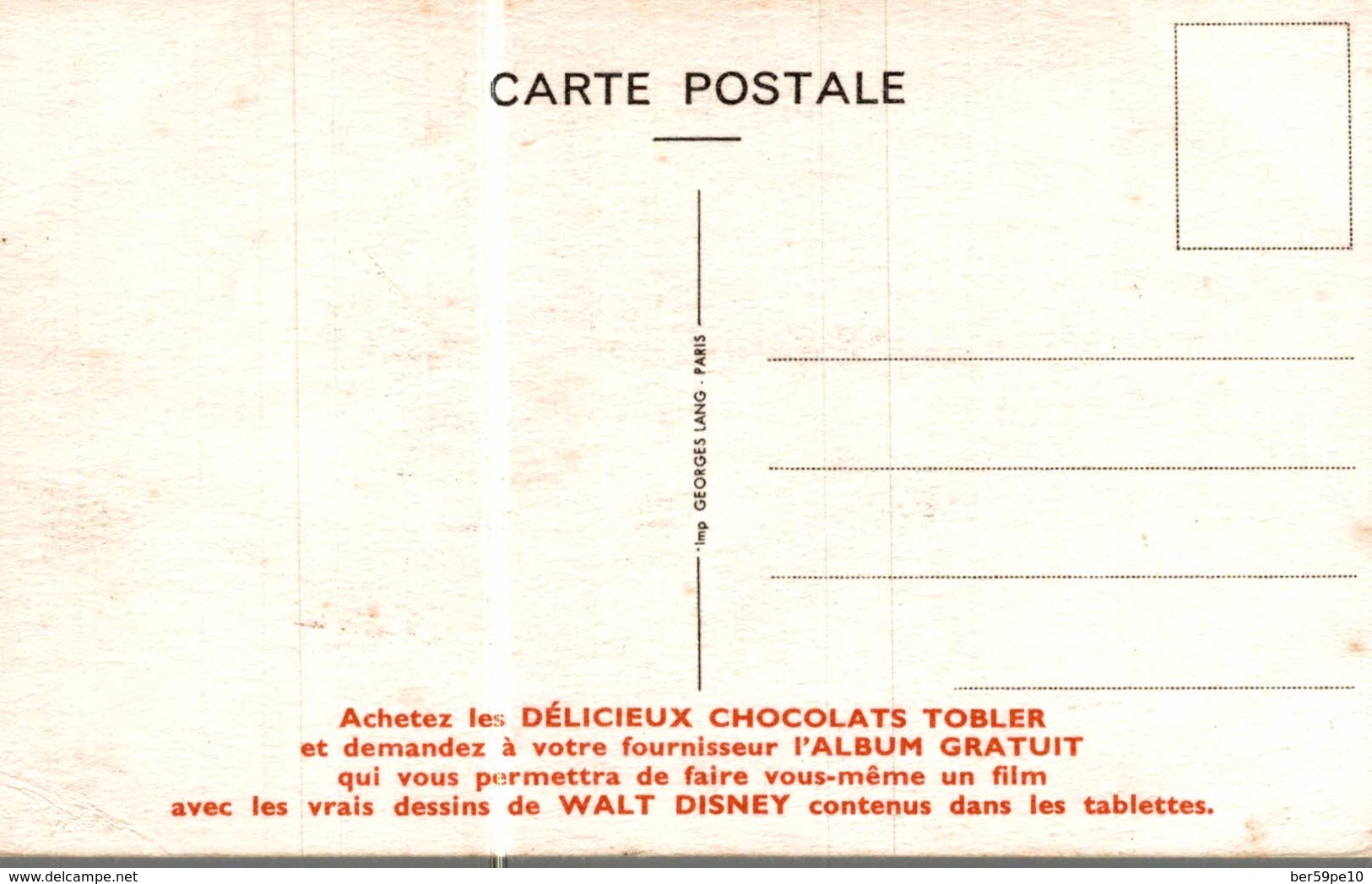 CARTE POSTALE PUBLICITAIRE CHOCOLATS TOBLER  WALT-DISNEY  CAPITAINE CROCHET - Other & Unclassified