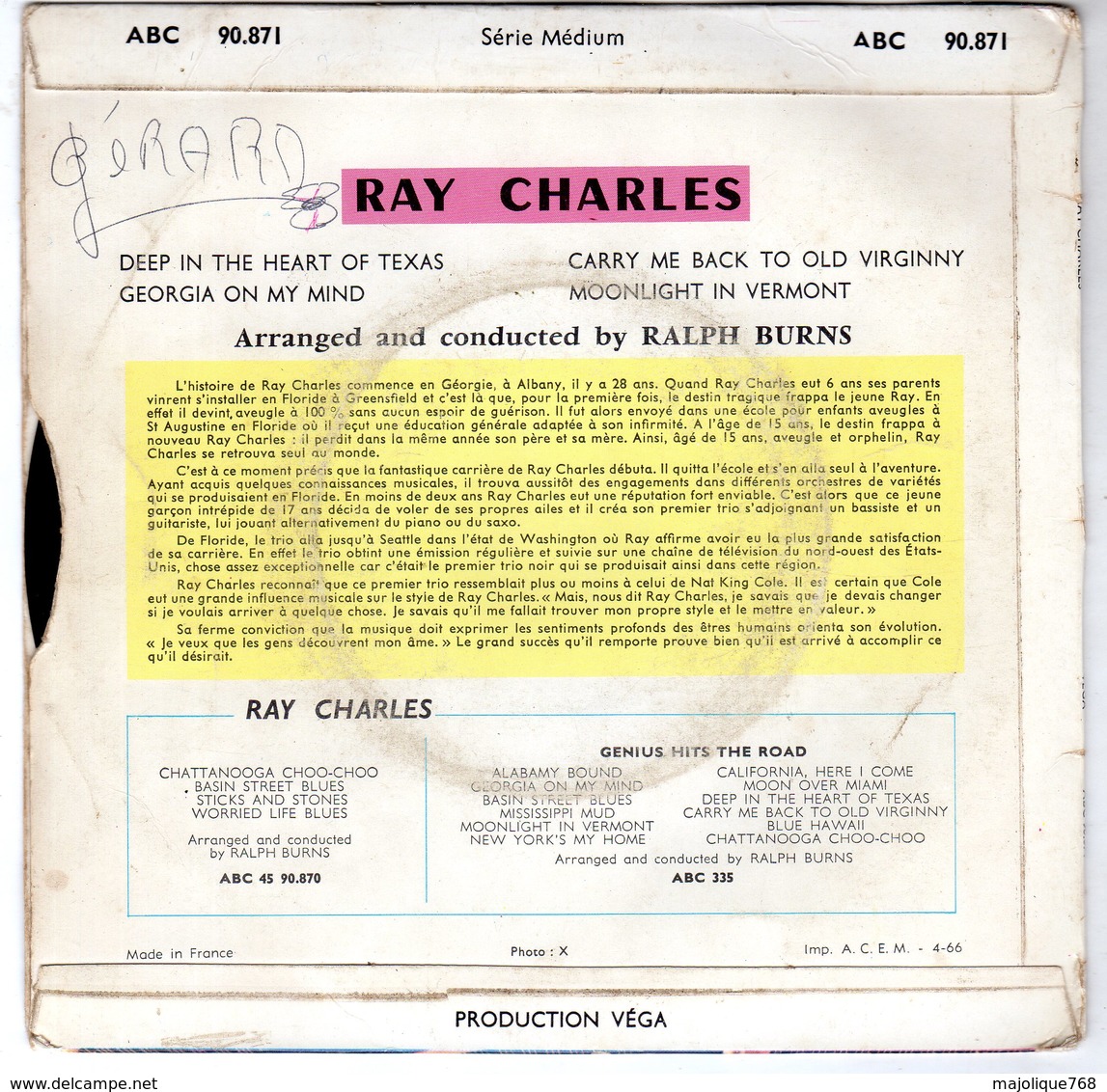 Ray Charles - Deep In The Heart  Of Texas - Véga ABC-Paramount - ABC 90.871 - 1966 - - Soul - R&B