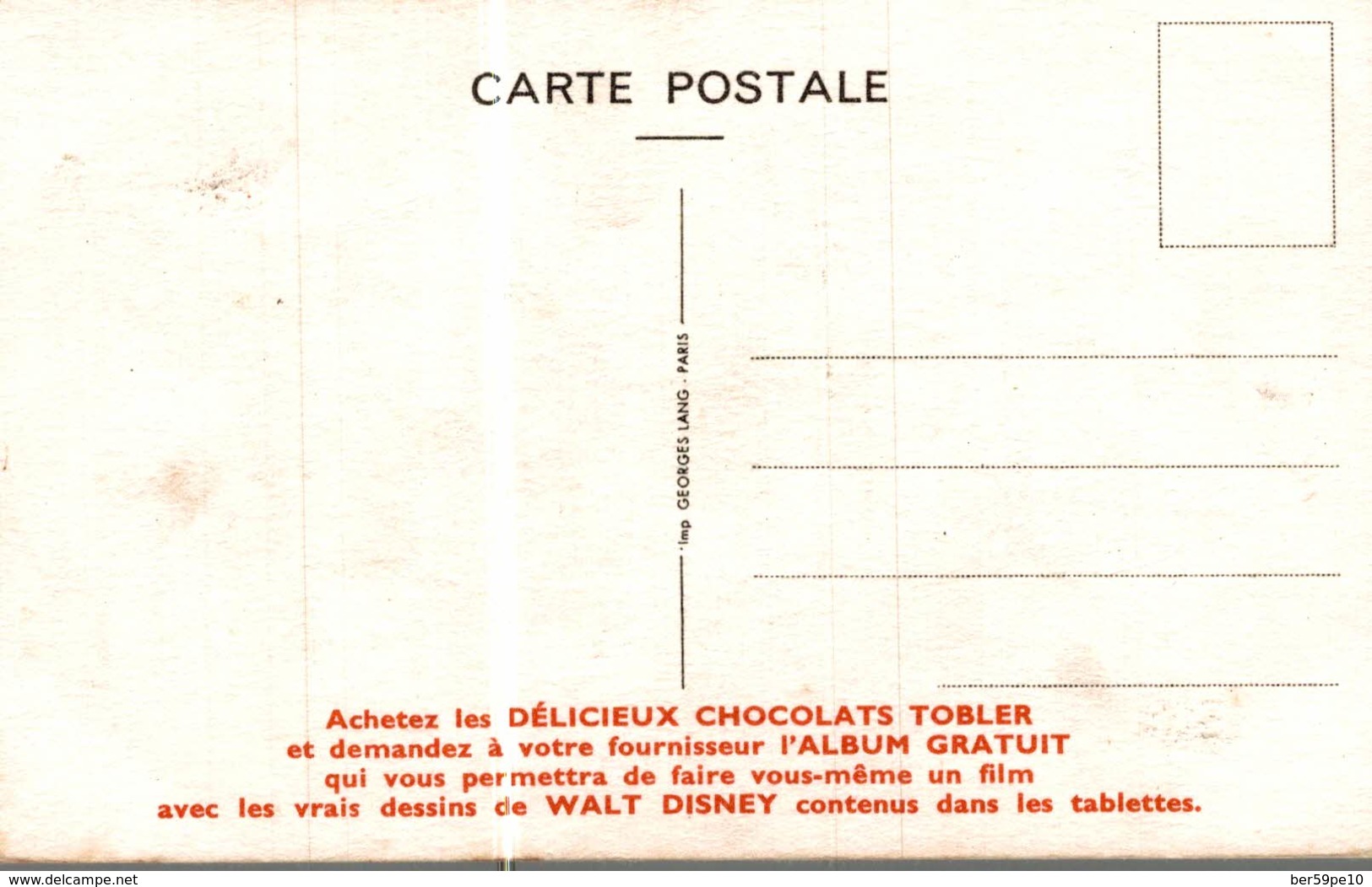 CARTE POSTALE PUBLICITAIRE CHOCOLATS TOBLER  WALT-DISNEY  NANA - Autres & Non Classés