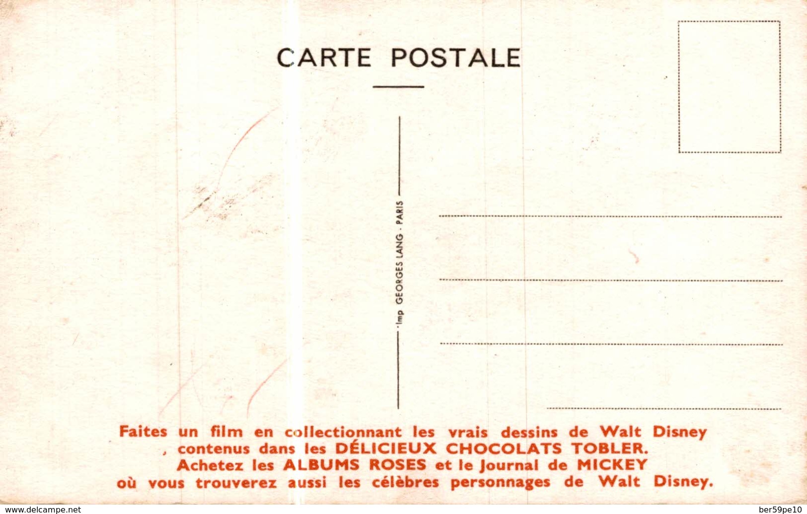 CARTE POSTALE PUBLICITAIRE CHOCOLATS TOBLER  WALT-DISNEY  LULUBELLE - Autres & Non Classés