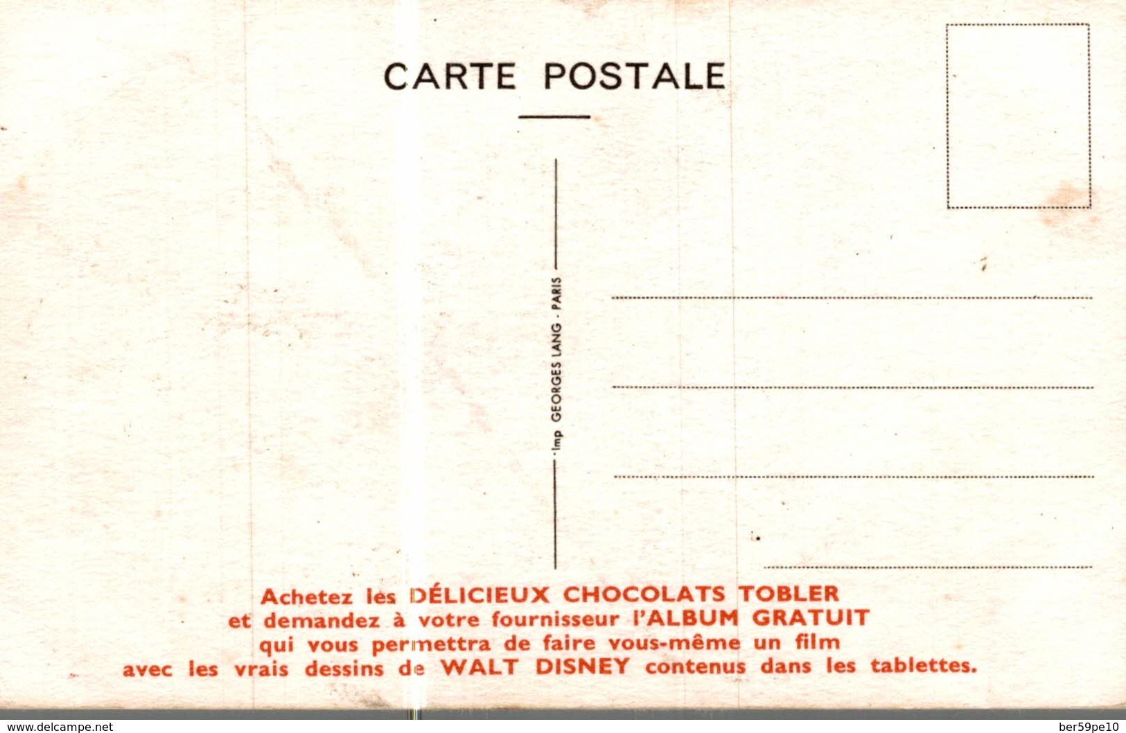 CARTE POSTALE PUBLICITAIRE CHOCOLATS TOBLER  WALT-DISNEY  MICKEY - Autres & Non Classés