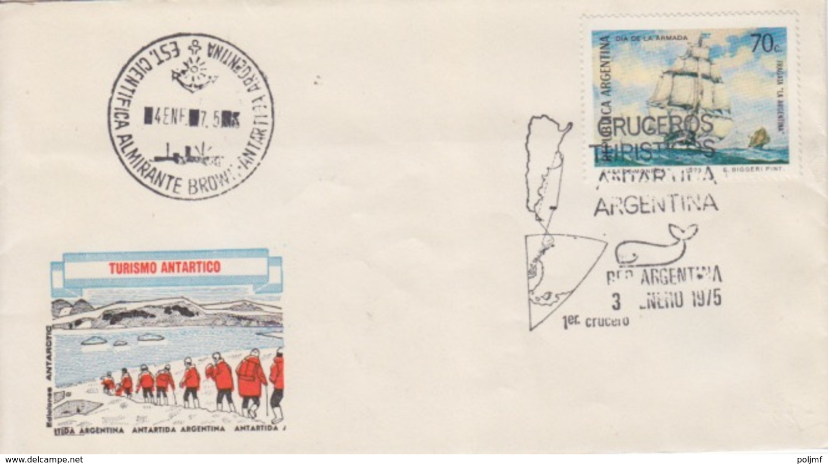 Polaire Argentin, Lettre Obl 1° Croisiére Touristique Le 3 ENE 75 Sur N° 956 (voilier) + Base Almirante Brown 4 ENE 75 - Storia Postale