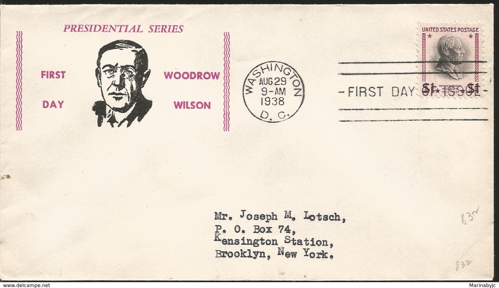 J) 1938 UNITED STATES, PRESIDENTIAL SERIES, WOODROW WILSON, FDC - Covers & Documents