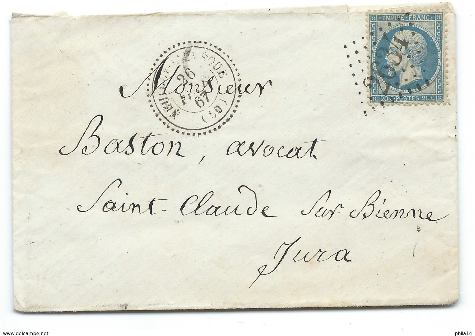 N°22 NAPOLEON SUR LETTRE / NEUILLY L'EVEQUE HAUTE MARNE POUR ST CLAUDE SUR BIENNE / 26 FEV 1867 / GC 2634 INDICE 7 - 1849-1876: Période Classique