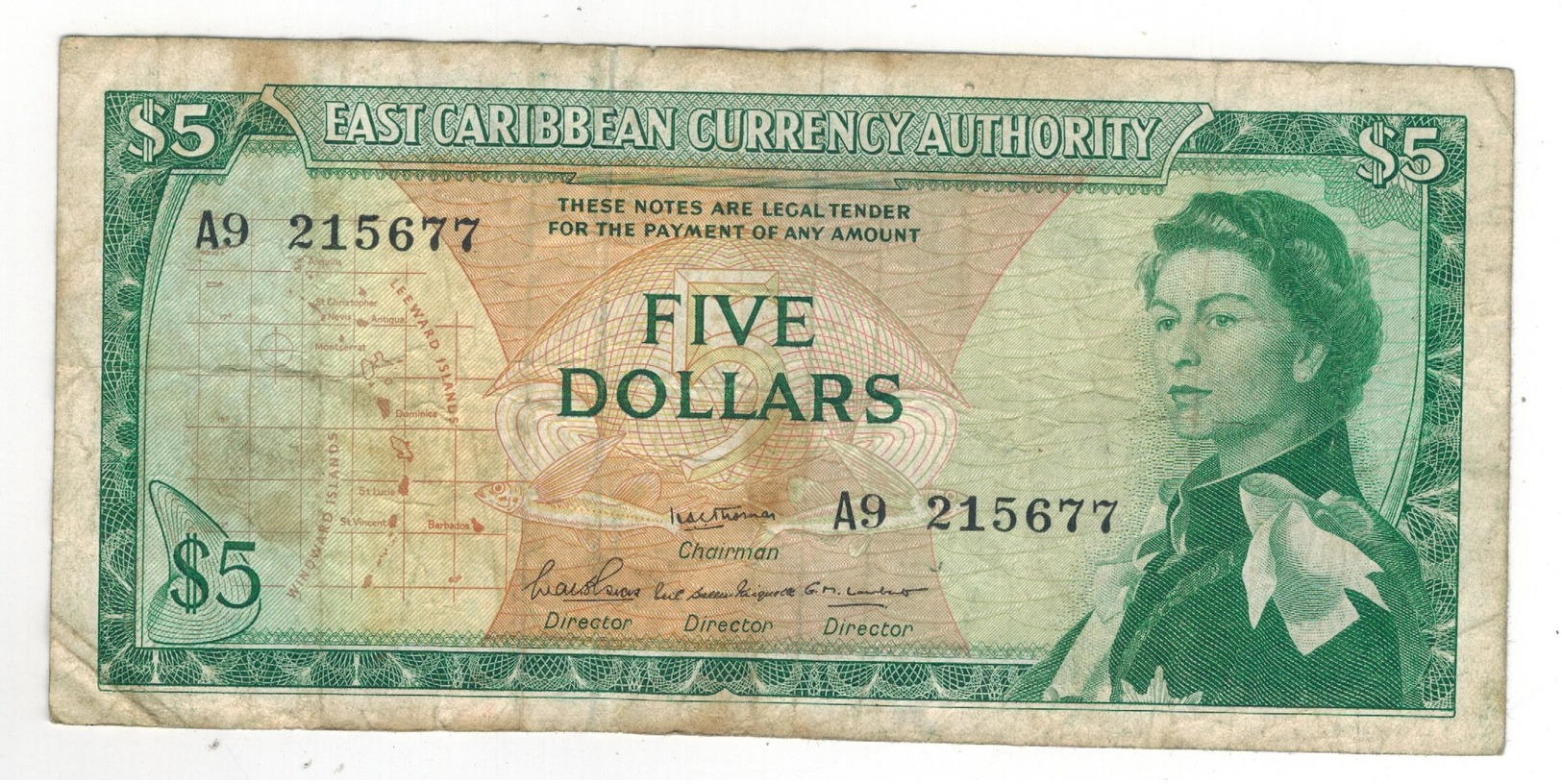 East Caribbean States , 5 Dollars . F/VF. - Oostelijke Caraïben