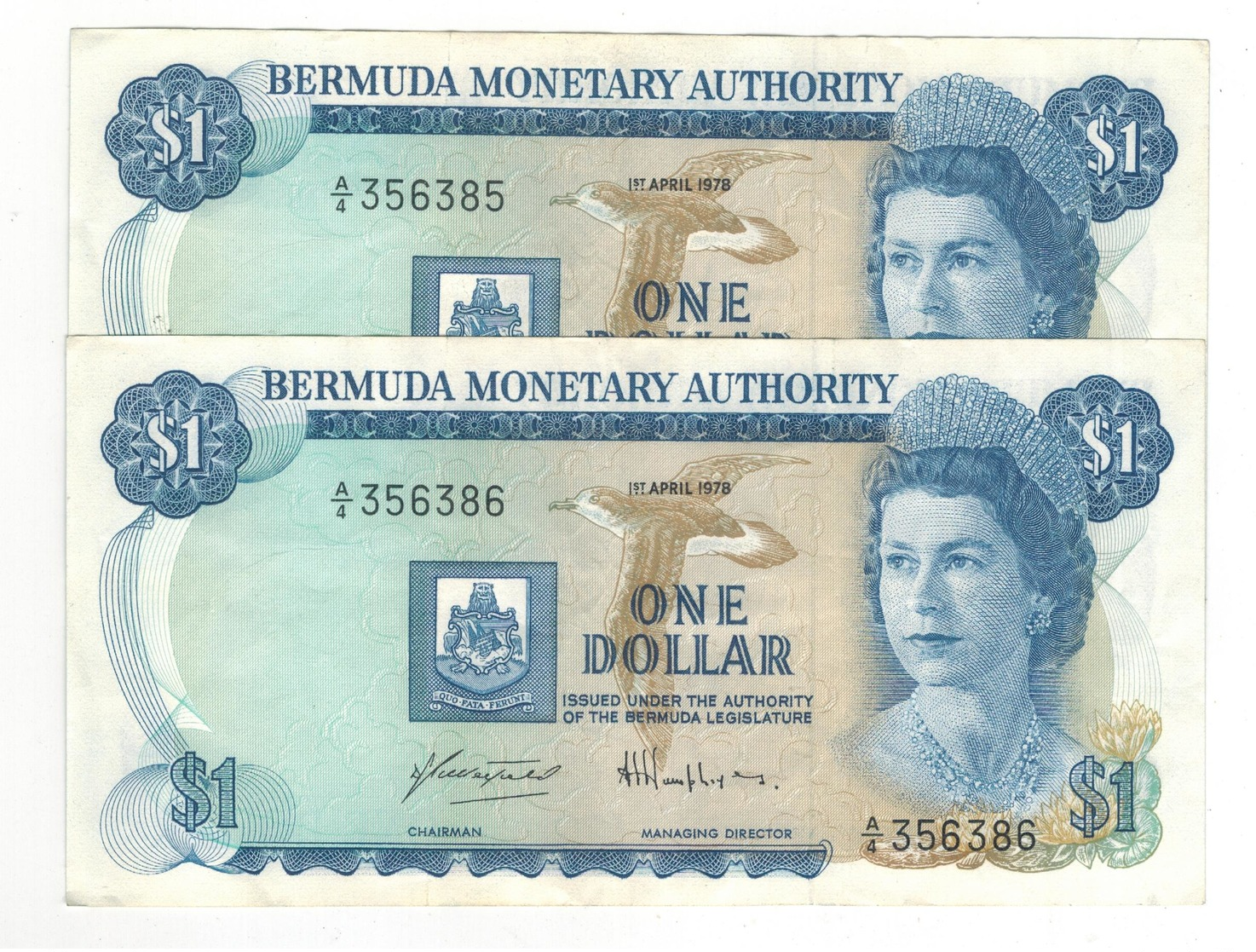 Bermuda, 1 Dollar 1978 X2 Consec. #. XF Pair - Bermude