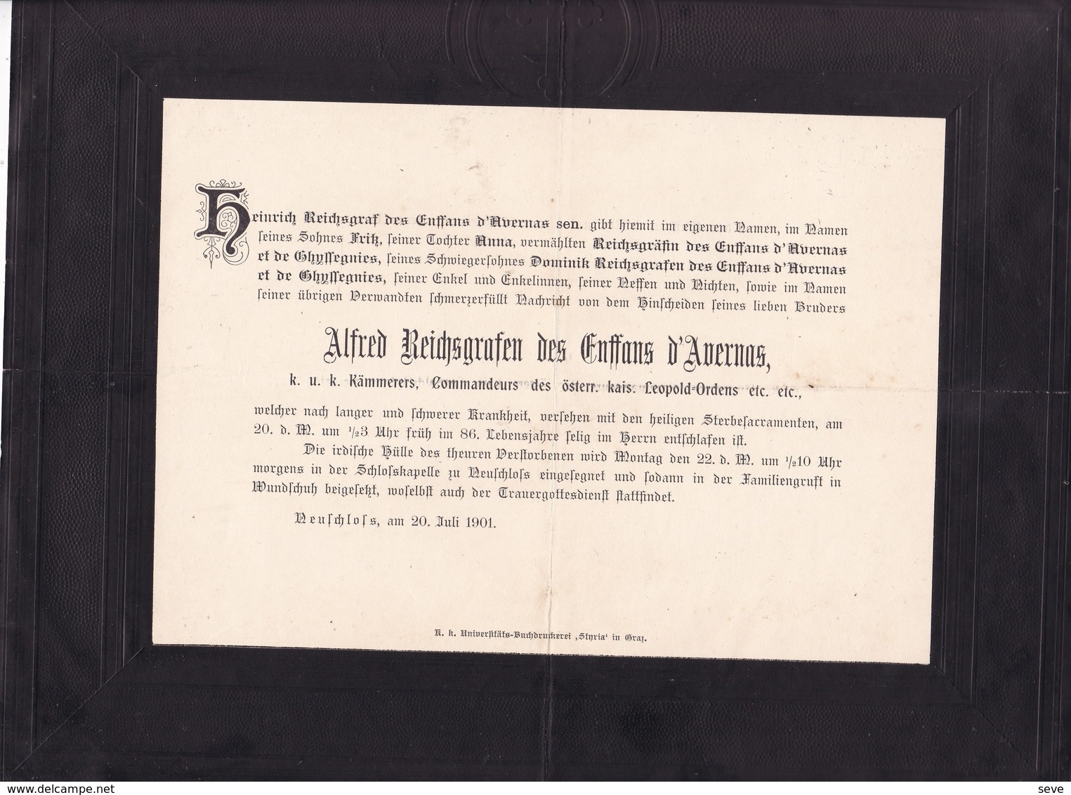 1901 Alfred  Reichsgrafen Des Enffans D'Avernas  1901 66 Ans De GHYFFEGNIES  GHYSSEGNIES - Décès