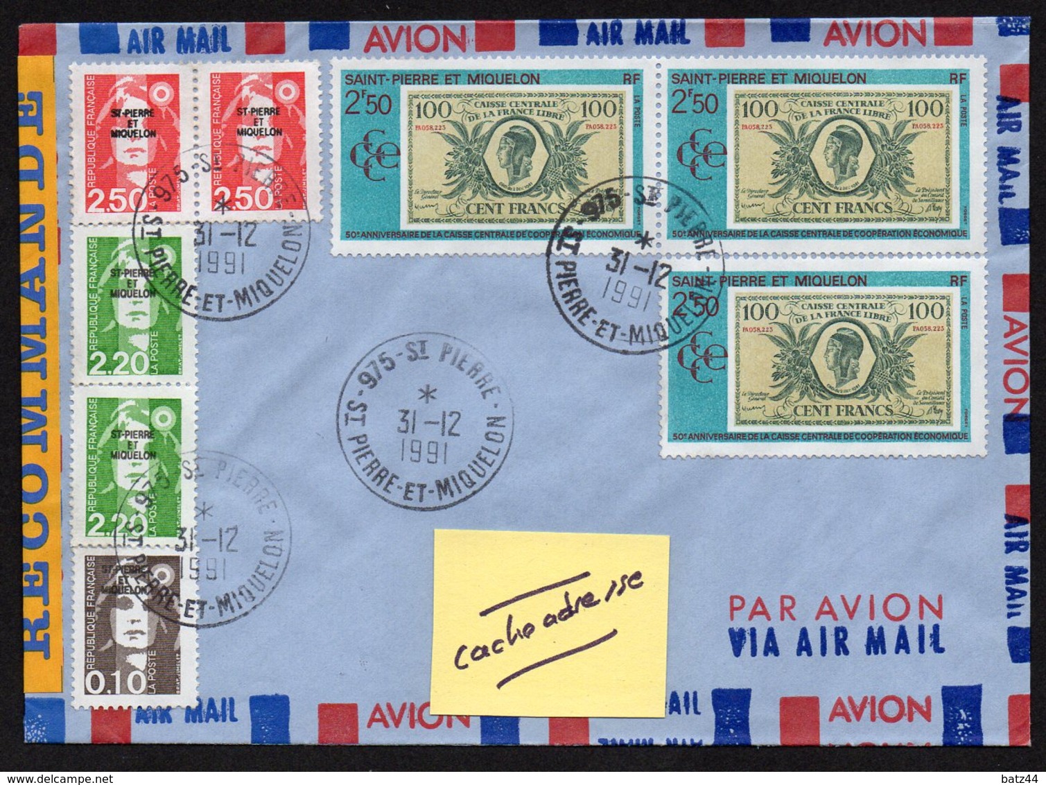 SAINT-PIERRE-ET-MIQUELON  975 Enveloppe Cover En Recommandé Saint Pierre 31 12 1991 - Storia Postale
