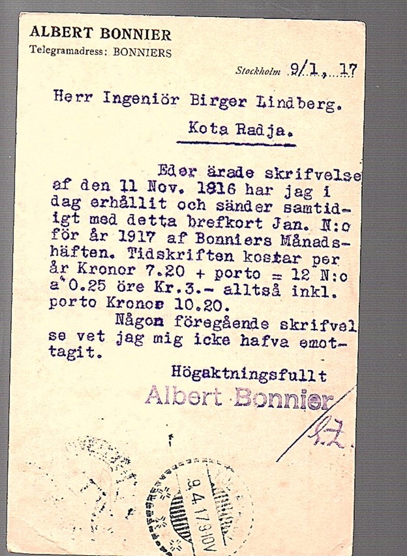 1917 Private Printed Albert Bonnier > Birger Lindberg Kota Radja Sumatra Netherlands Indies (220) - Ganzsachen