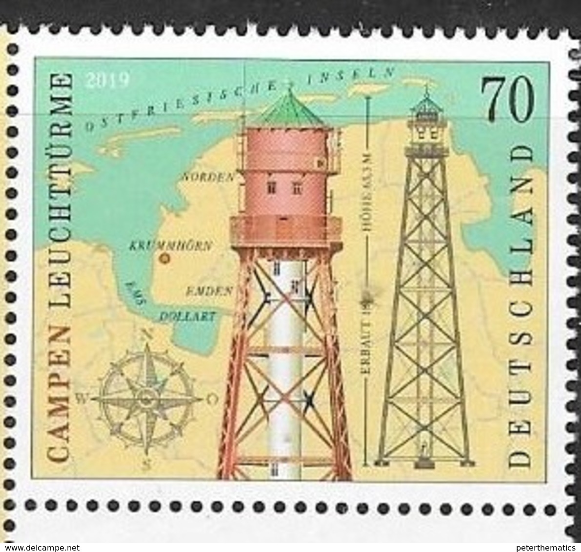 GERMANY, 2019, MNH, LIGHTHOUSES, CAMPEN LIGHTHOUSE, MAPS,1v - Phares