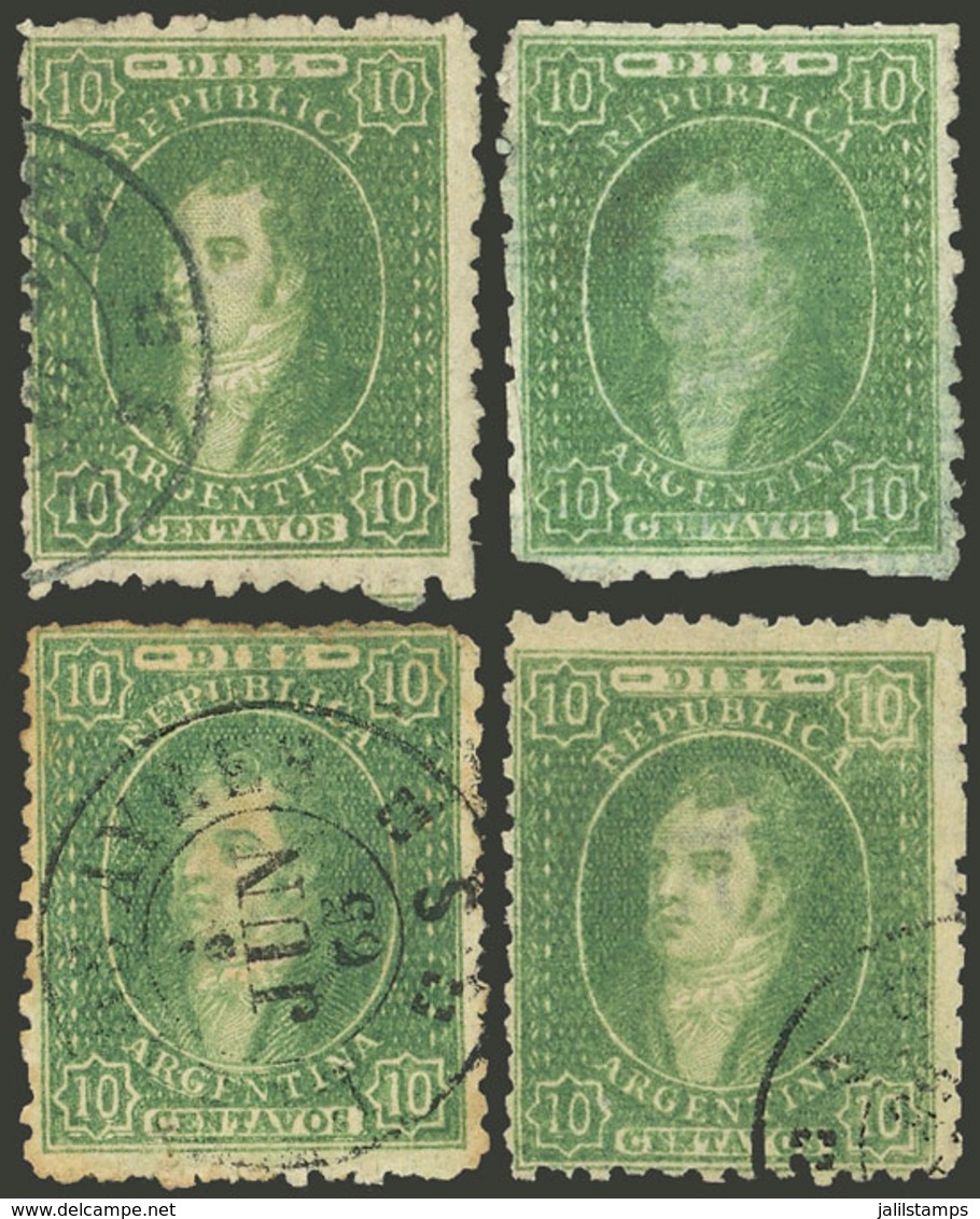 ARGENTINA: GJ.23, 10c. Green, Semi-clear To Worn Impressions, 4 Used Examples With A Wide Range Of Shades, Papers, Cance - Briefe U. Dokumente