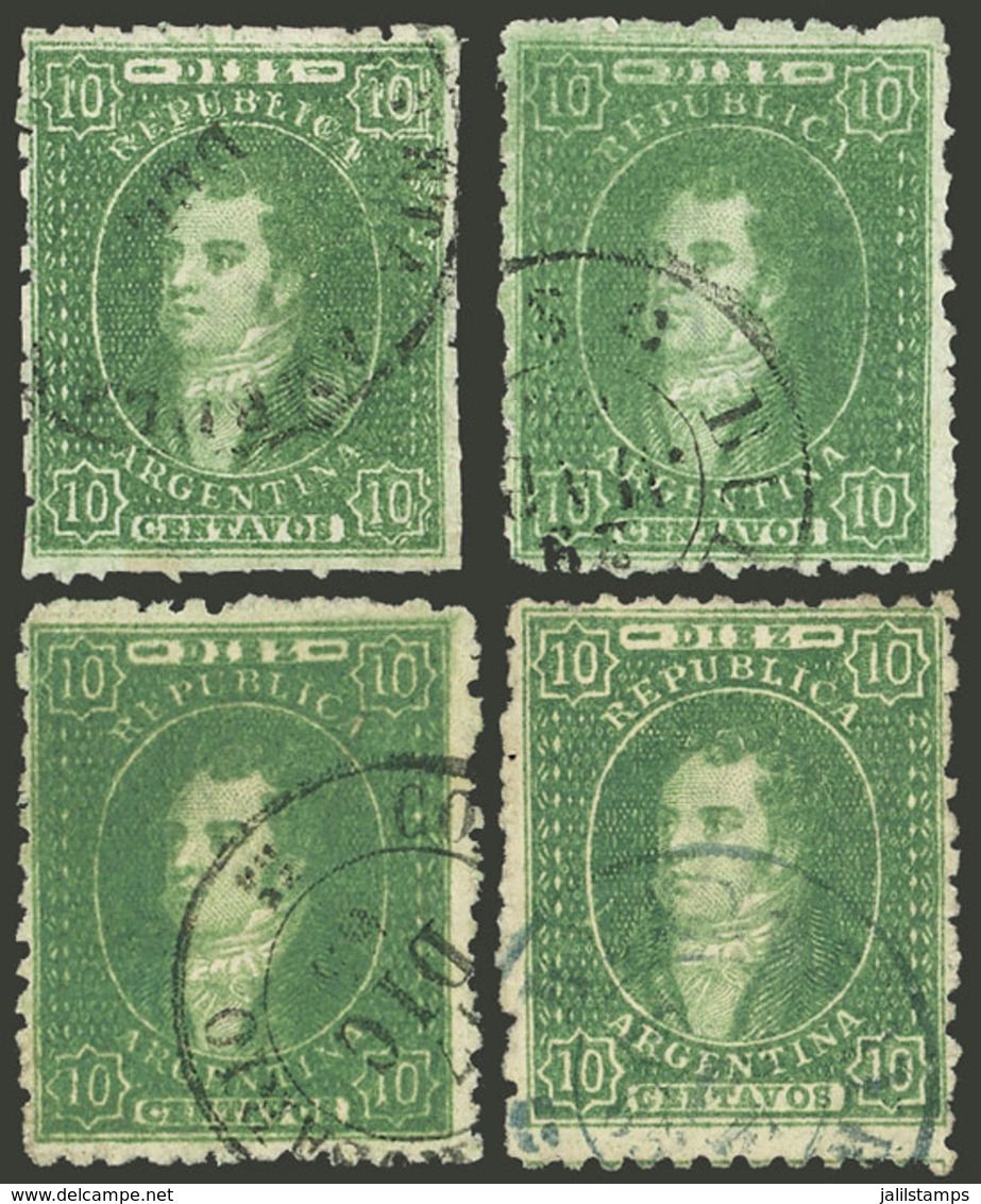 ARGENTINA: GJ.23, 10c. Green, Semi-clear To Worn Impressions, 4 Used Examples With A Wide Range Of Shades, Papers, Cance - Storia Postale