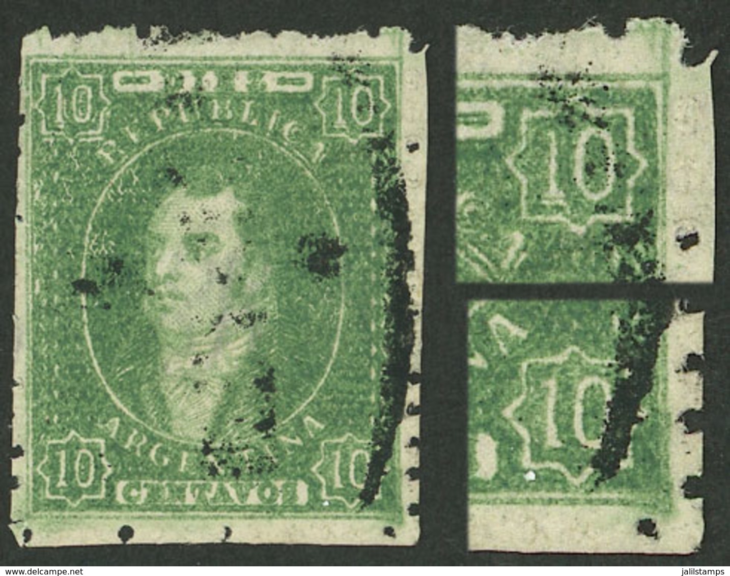 ARGENTINA: GJ.23, 10c. Worn Impression, With 2 Interesting VARIETIES: "Small Vertical Line Extending The Right Frame Lin - Lettres & Documents