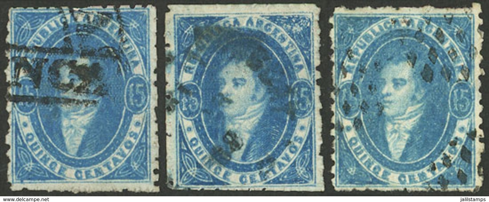 ARGENTINA: GJ.24, 15c. Worn Impression, 3 Used Examples, Different Shades And Cancels, All Of VF To Superb Quality! - Storia Postale