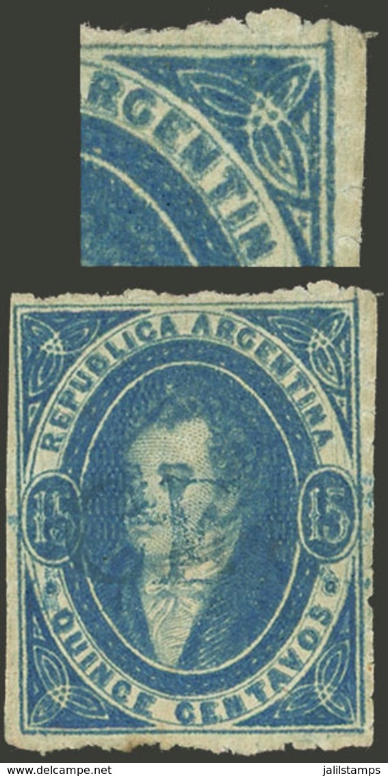 ARGENTINA: GJ.24, 15c. Blue, Worn Impression, With Variety "Top Right Angle Incomplete And Vertical Line Extended", Exce - Briefe U. Dokumente