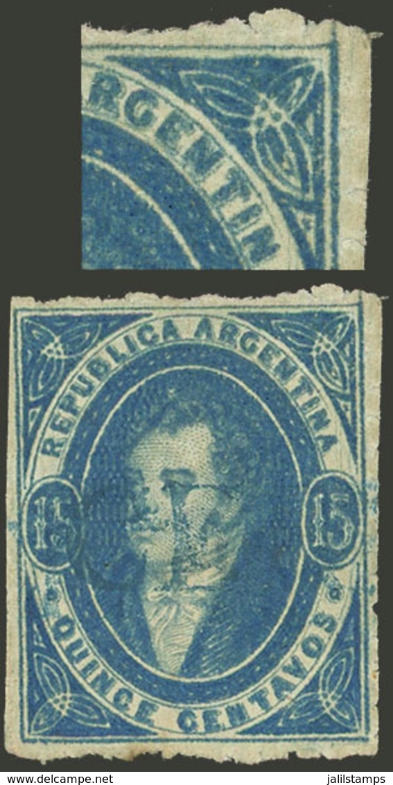 ARGENTINA: GJ.24, 15c. Blue, Worn Impression, With Variety "Top Right Angle Incomplete And Vertical Line Extended", Exce - Cartas & Documentos