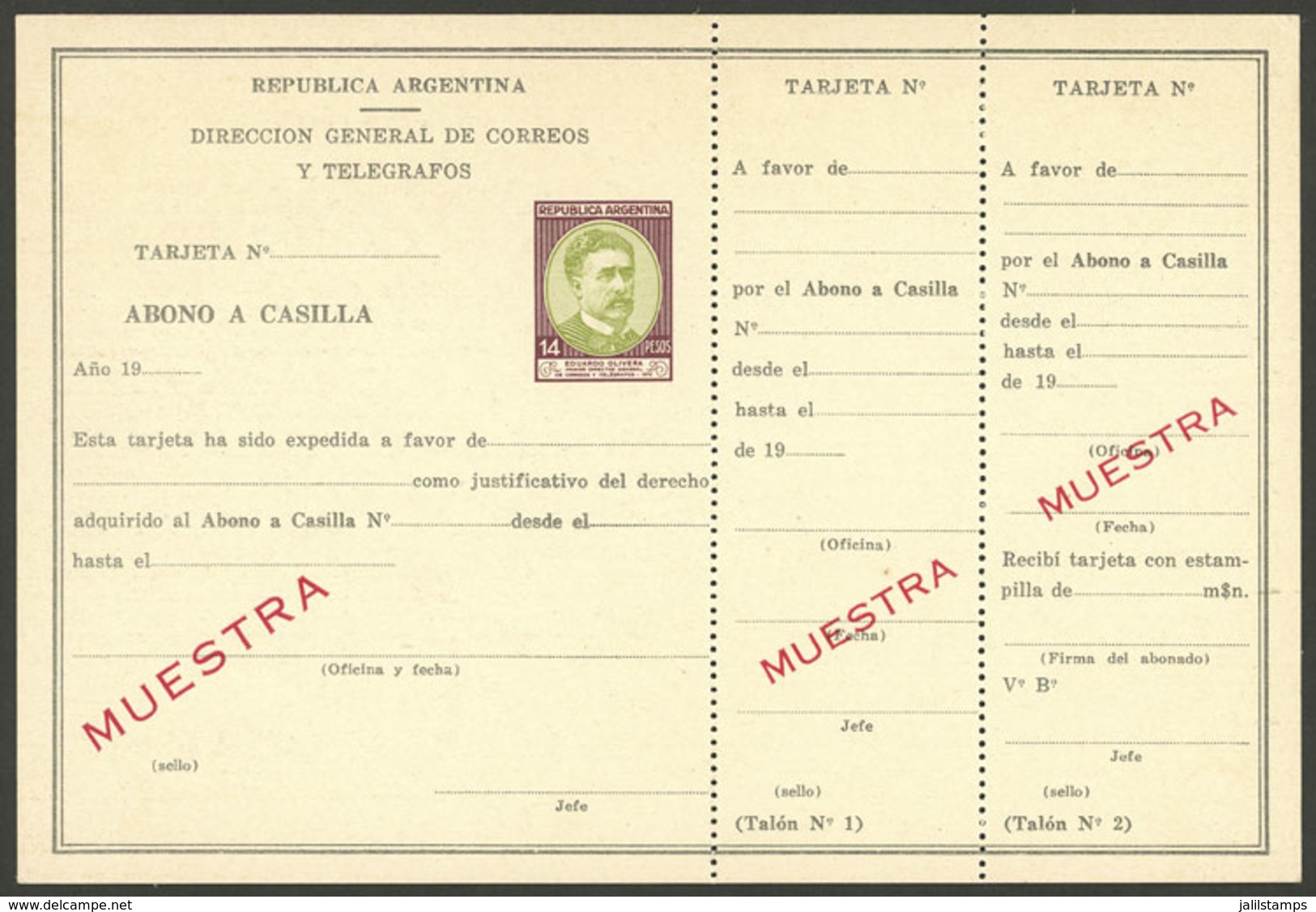 ARGENTINA: GJ.AAC-11, 1939/9 PO Box Payment 14P. (Olivera) With MUESTRA Overprint, Excellent Quality, Rare! - Interi Postali