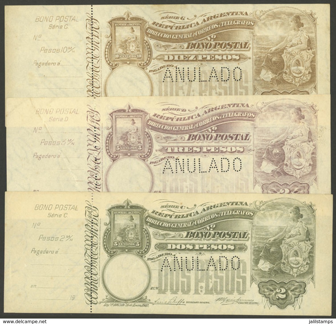 ARGENTINA: Rare Postal Money Orders GJ.BOP-3 + 4 + 7, 1902 Seated Liberty 2P., 3P. And 10P., With Perforation ANULADO (s - Postwaardestukken