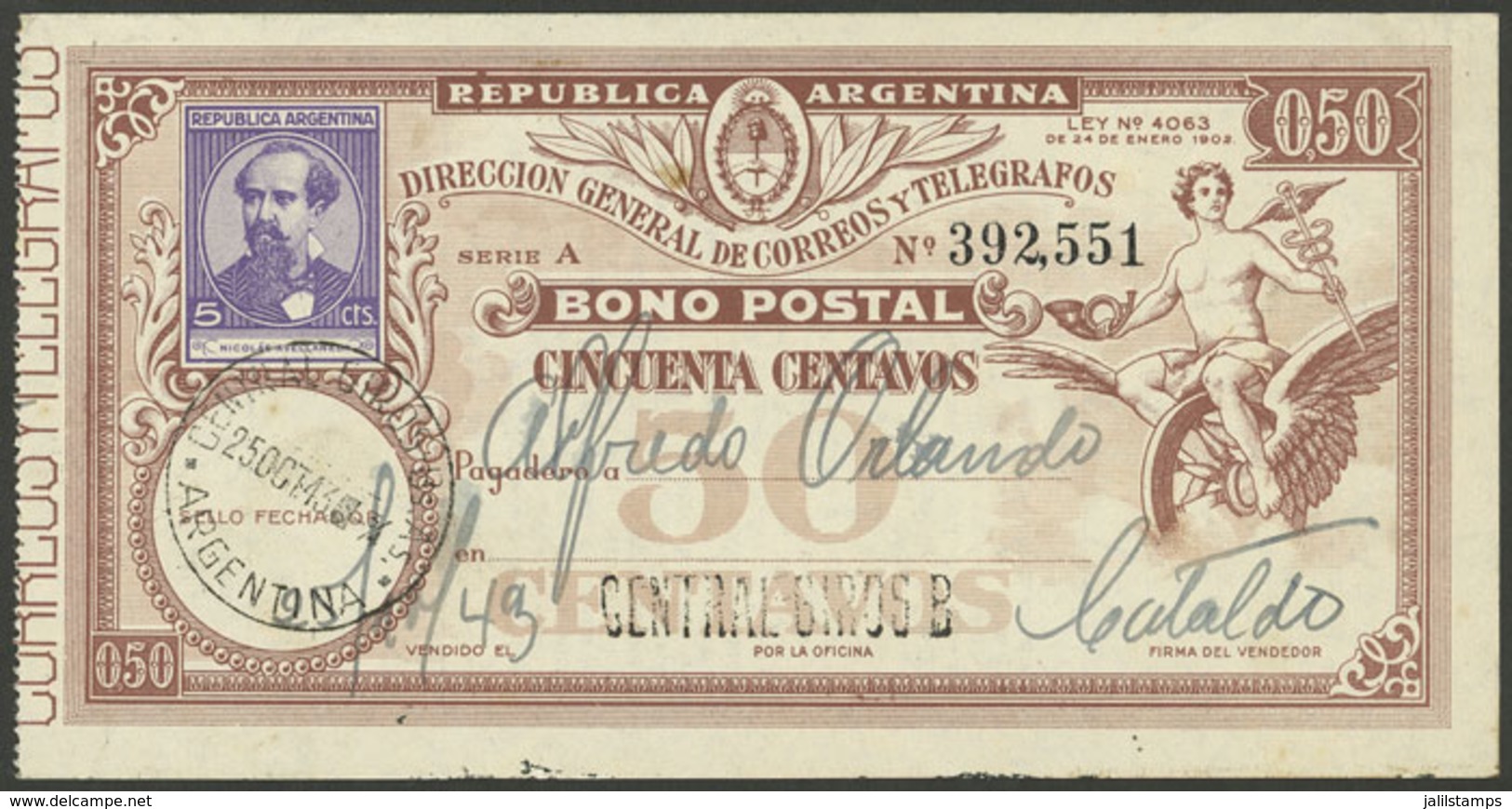 ARGENTINA: GJ.BOP- 15, 1938 Avellaneda 50c., Used, VF Quality, Rare! - Postwaardestukken
