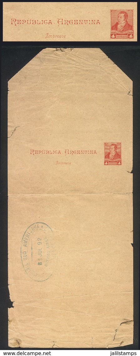 ARGENTINA: RARE PROOF Of Wrapper GJ.FAJ-24 Printed In Red Instead Of The Issued Grayish Green, With Datestamp Of Compañí - Interi Postali