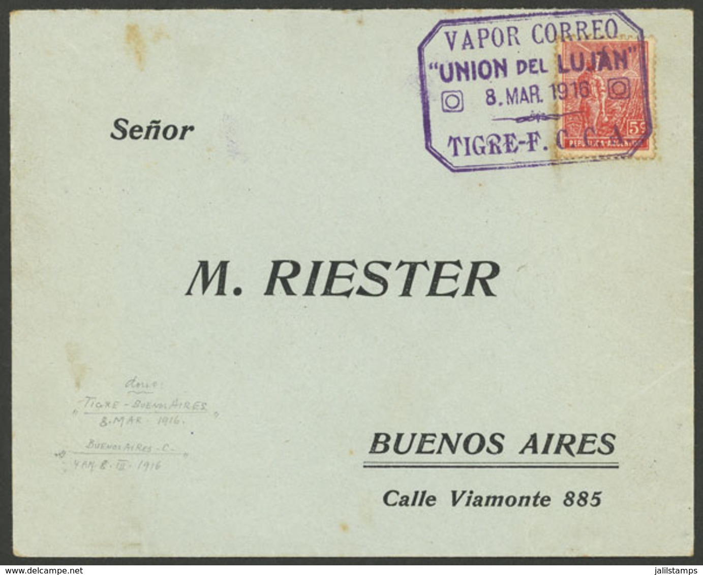 ARGENTINA: RARE RIVER MAIL: Cover Sent From Some Island Of The Tigre Delta To Buenos Aires On 8/MAR/1916, With Postage O - Cartas & Documentos