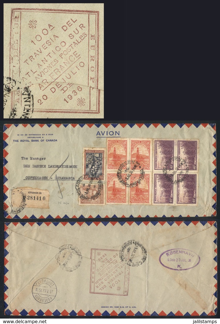 ARGENTINA: Registered Airmail Cover Sent From Buenos Aires To Denmark On 18/JUL/1936 With Spectacular Franking Of 13.65P - Briefe U. Dokumente