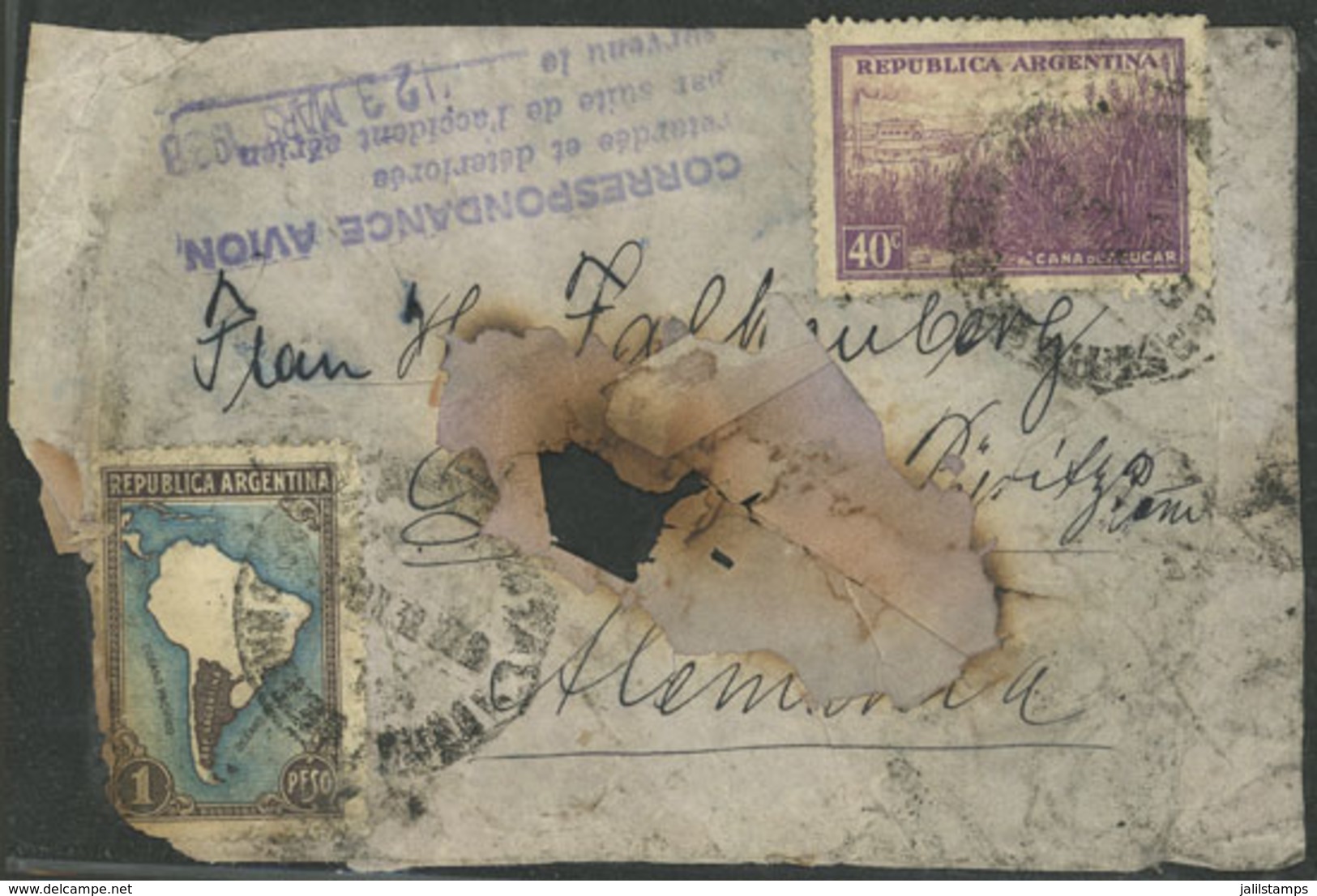 ARGENTINA: CRASH COVER: Airmail Cover Sent To Germany By Air France, With Evident Fire And Water Damage, Violet Handstam - Covers & Documents