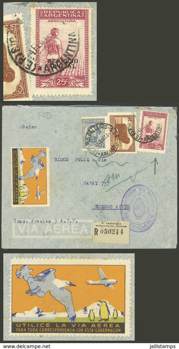 ARGENTINA: MIXED Postage With Rare CINDERELLA: Registered Airmail Official Cover Sent From Río Gallegos To Buenos Aires  - Storia Postale