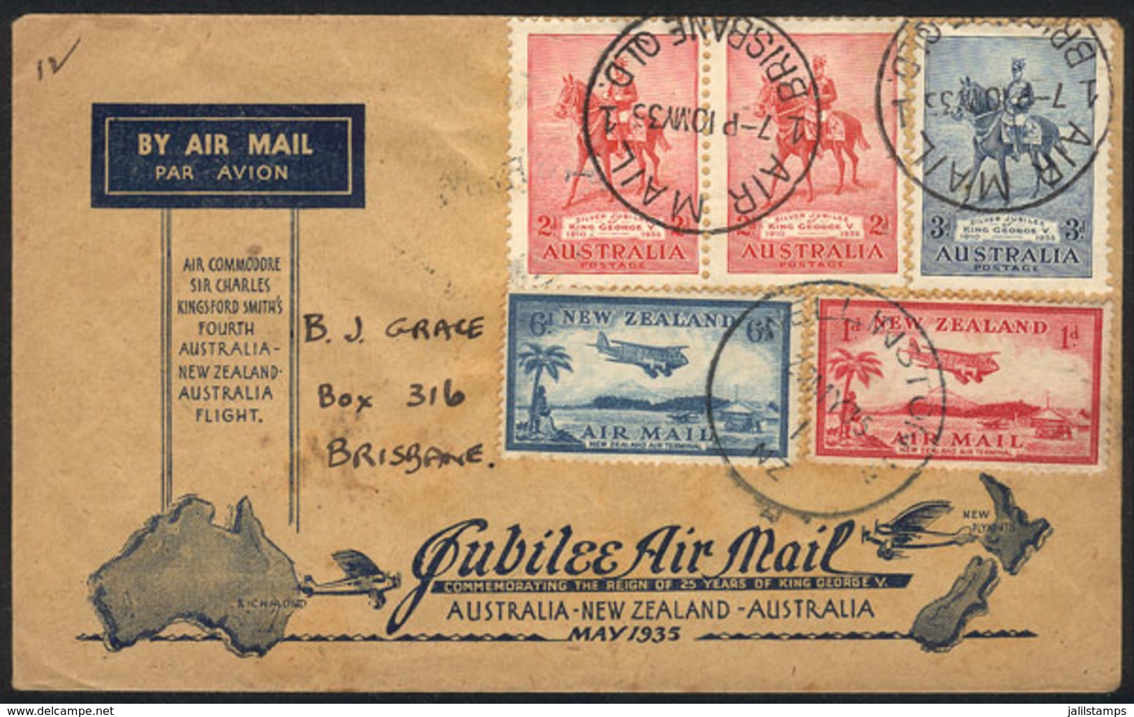 NEW ZEALAND: Special Cover Flown On 10/MAY/1935 From Brisbane To Wellington (New Zealand) And Return, Mixed Postage Of B - Cartas & Documentos