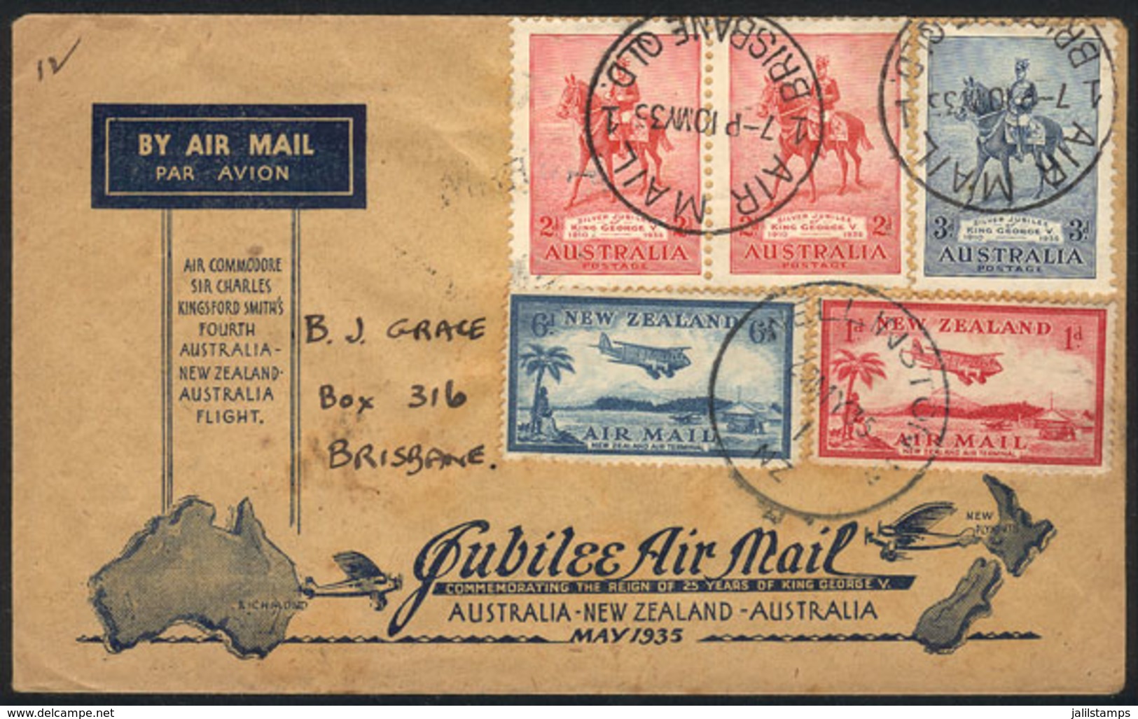 NEW ZEALAND: Special Cover Flown On 10/MAY/1935 From Brisbane To Wellington (New Zealand) And Return, Mixed Postage Of B - Storia Postale