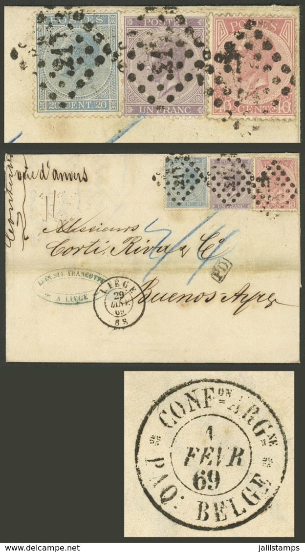 BELGIUM: PAQUEBOT BELGE: 27/JA/1869 Liege - Buenos Aires, Folded Cover Franked With 20c + 40c + 1Fr. Stamps, With Numera - Otros & Sin Clasificación